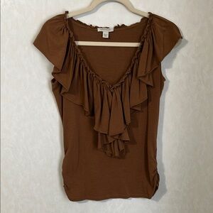Boston Proper Brown Ruffle Neckline Blouse V-Neck Sleeveless